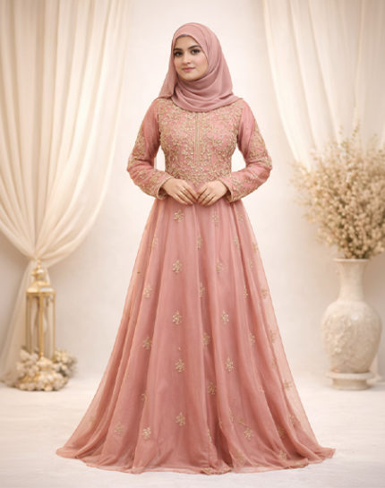 Elegant Embroidered Modest Gown with Hijab for Women